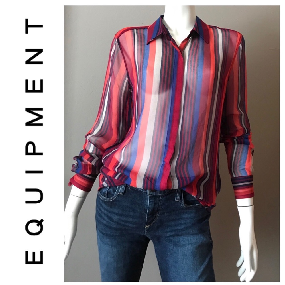 EQUIPMENT SHEER SILK CHIFFON LONG SLEEVE TOP MED.